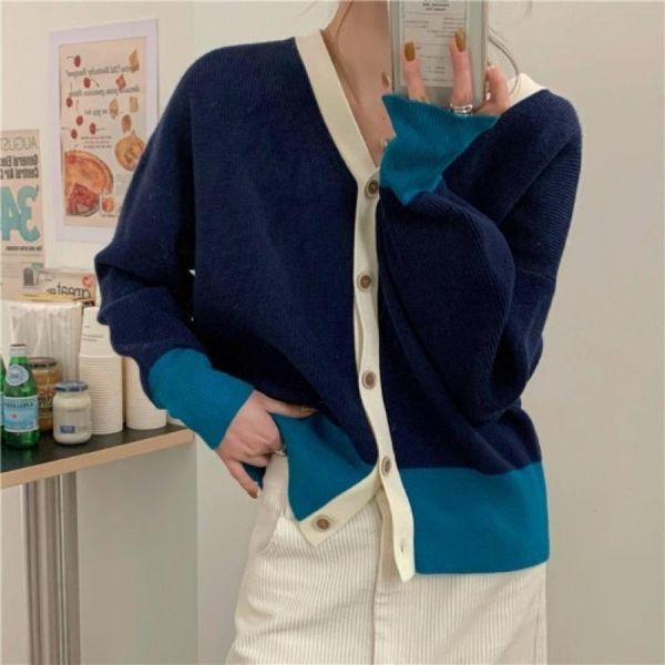 

fashion cardigan women elegant women patchwork long sleeve casual buttoned spring all-match v-neck chic and comfortable knit car, White
