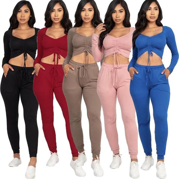 

woman solid color two piece outfits ruched drawstring long sleeve crop and high waist sporty legging sweatsuit matching set, Gray