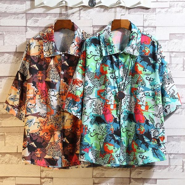 

shirt men streetwear short sleeve shirt men casual printing loose short sleeve lapel blouse t6271, White;black