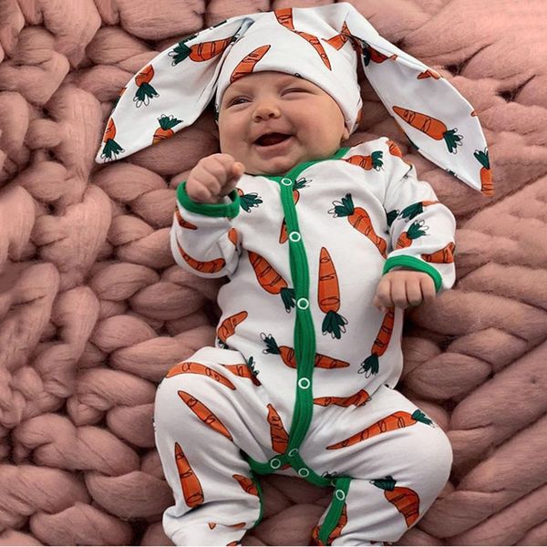

newborn infant baby boys girls clothes long sleeve cartoon carrot print romper jumpsuit+rrabbit ears hat outfits set 1021, White
