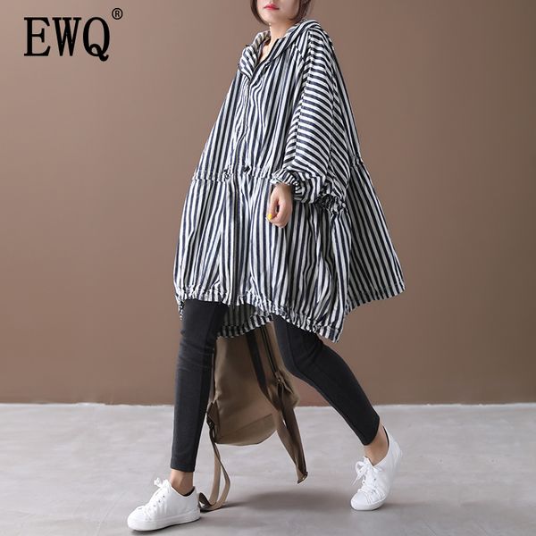 

ewq] 2020 autumn new pattern office lady style full sleeve loose vertical striped pattern drawstring hooded collar coat af889 1026, Tan;black