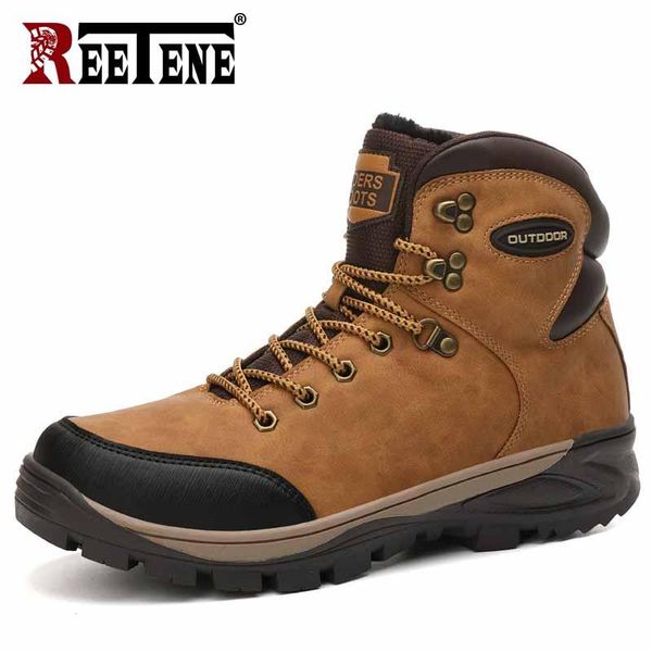 

boots reetene winter warm men wear-resistant hiking leather fur plus snow fashion lace-up casual trendy shoes, Black