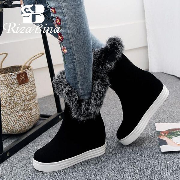 

rizabina women fashion winter fur mid calf boots daily thick boots outdoor high heels shoes woman casual black size 34-44