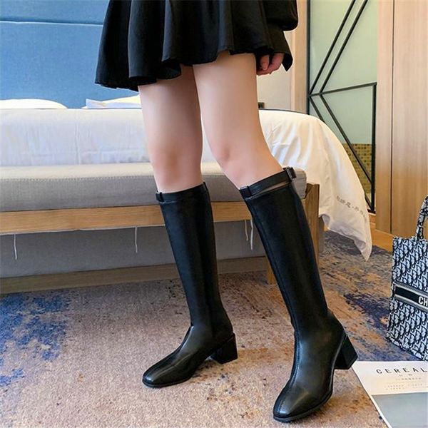 

boots autumn and winter women 2021 women's with velvet thick heel belt buckle but knee, Black