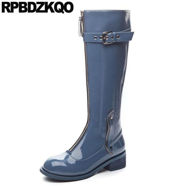 

boots belts tall front zipper chunky blue designer shoes women luxury 2021 brand knee high big size 10 patent leather long plus, Black