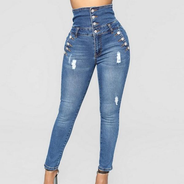 

2019 women jeans high waist elastic skinny denim long pencil pants plus size buttons jeans camisa feminina hole trouser, Blue