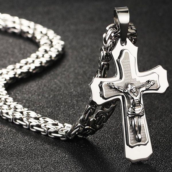 

chains bible silver color jesus cross stainless steel pendants necklaces byzantine long chain necklace for men jewelry colar collier
