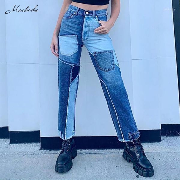 

macheda autumn slim straight jeans women fashion blue mid waist casual cowboy pants streetwear patchwork bottoms lady 2020 new1