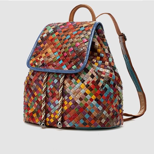 

fashion personality color leather plaid woven women's backpack good quality fashion matching college style schoolbag women's bag