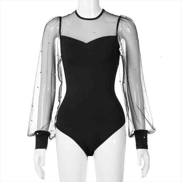

women round collar mesh hollow patchwork long sleeve bodysuit tight solid color high waist slim blouse bottoming jumpsuits, Black;white