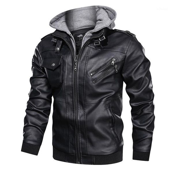 

2020 men new fashion hooded leather jacket slim pu leather motorcycle jacket outdoor winter bomber jacket-a1, Black