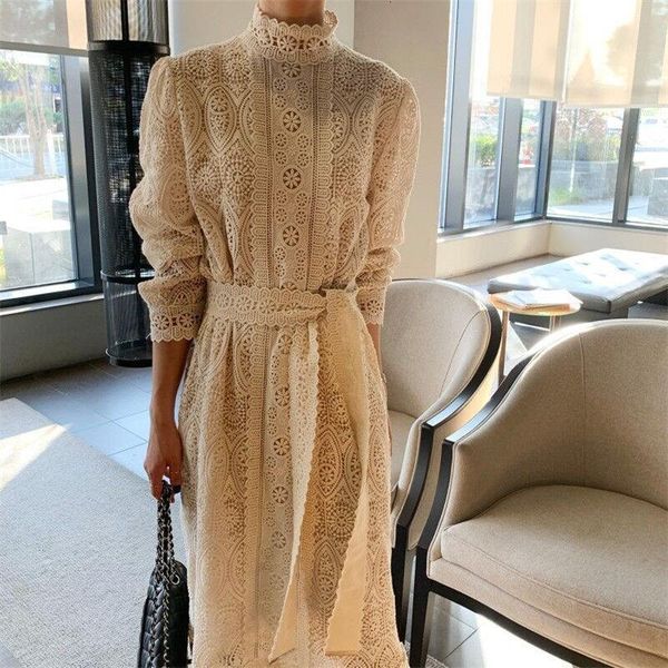 

2021 stylish lace empire all match korean elegant lace up chic hook flowers women sweet gentle fashion girls female long dresses, Black;gray