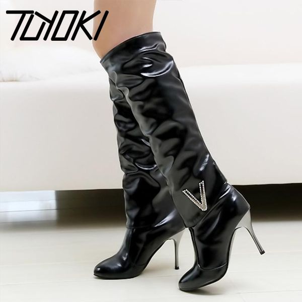 

tuyoki кристалл тонкие высокие каблуки обуви женщины колено высокие сапоги скользят по зимние теплые сапоги мода женщины обувь размер 34-43, Black