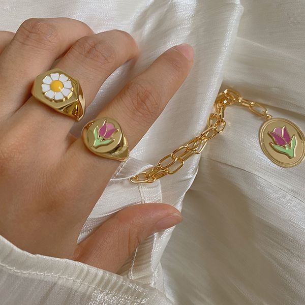 

2020 korean small daisy tulip metal pendant necklace rings bracelet earrings for women girls vintage rings jewelry set gifts, Silver