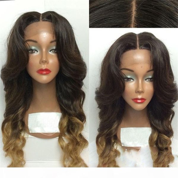 

stylish two tone ombre brown blonde 1b# 27# long wavy hair lace front wig synthetic african american ombre wigs, Black