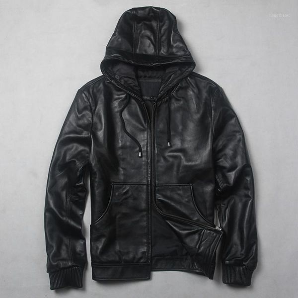 

2019 new autumn men's genuine leather jacket fashion slim fit black sheepskin leather coat man with a hat1