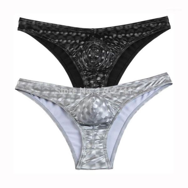 

underpants trunks men shiny leather like underwear bikini briefs bulge pouch mini soft thong underpants1, Black;white