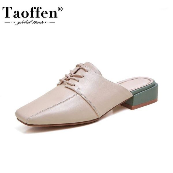 

taoffen women sandals shoes fashion square toe slippers ladies' nice genuine leather lace up thick heels footwear size 33-401, Black