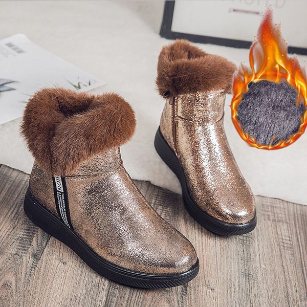 

snow boots women shoes warm plush fur ankle boots fashion bling slip-on flat casual shoes waterproof winter outdoor female boots 201020, Black