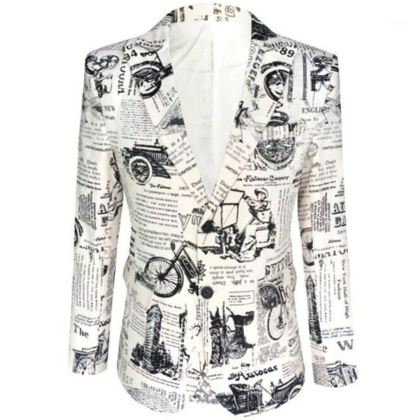 

men new retro vintage newspaper print casual blazer hombre men dj singer night club slim fit suit jacket prom party costume1, White;black