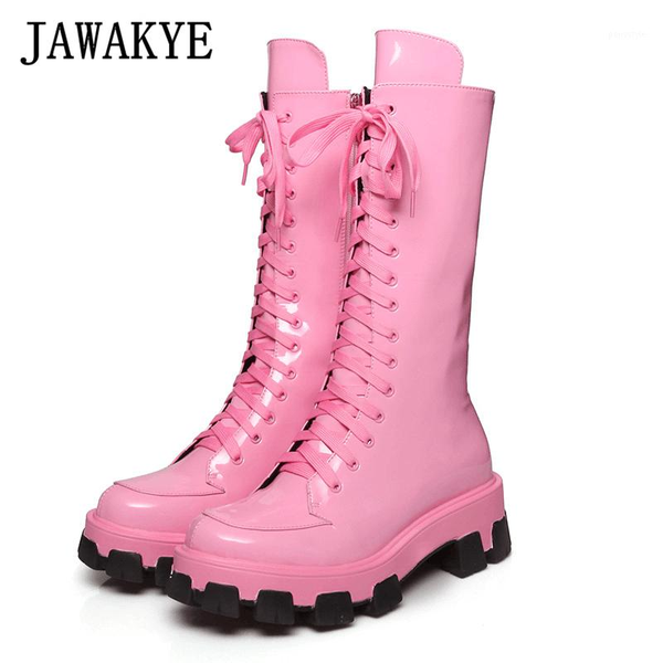 

boots jawakye moonlight patent leather lace up long for women black red pink platform thick sole rubber motorcycle knight boots1