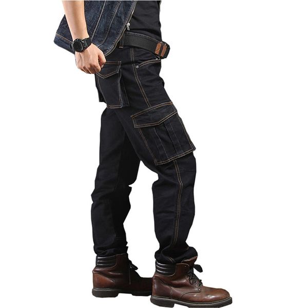 

men's cargo jean fashion pants with multi-pockets loose style motorcycle denim trousers for male washed size 29-44, Black
