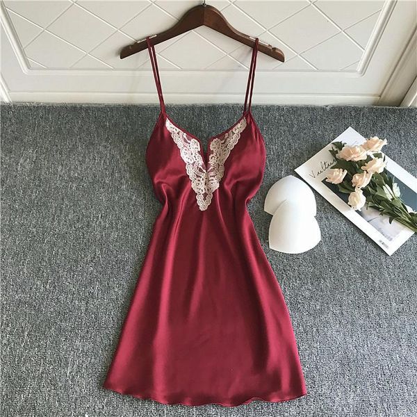 

women spaghetti strap nightdress satin sleepwear lace intimate lingerie nightgown soft home dressing gown sleep dress, Black;red