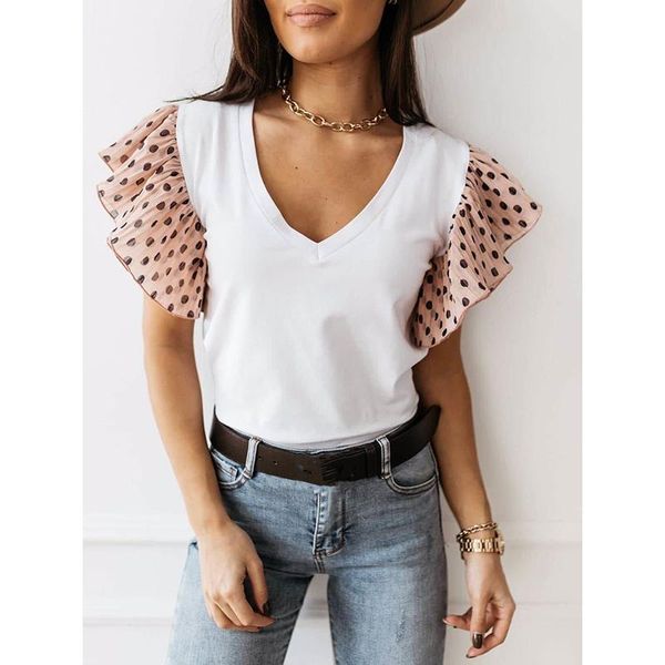 

ruffles polka dot print v neck women summer short sleeve blouse shirt ladies elegant casual harajuku blusa sj6216m, White