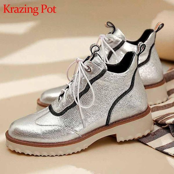 

krazing pot new sheep leather silver color lace up round toe med heels runway neutral streetwear western cowboy ankle boots l8f4, Black