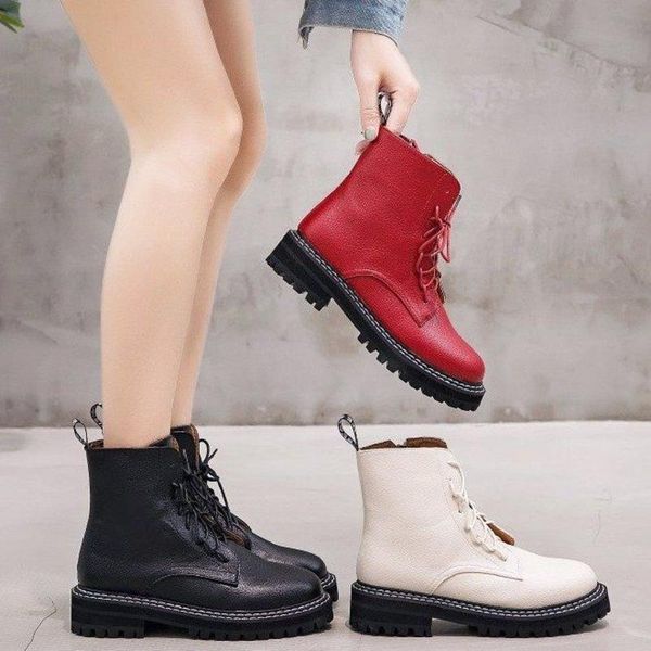 

boots women lace up gothic ankle leather casual shoes platform, Black