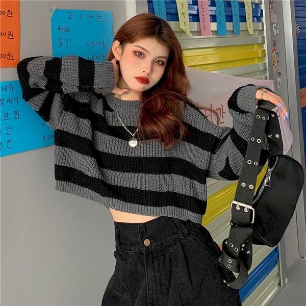 

women's sweaters 2021 autumn short striped long-sleeved sweater pullover round neck women loose korean trend navel simple personality, White;black