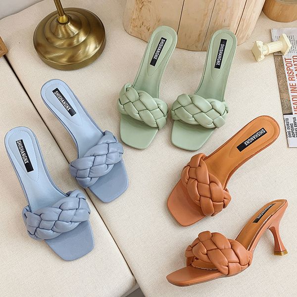 

2020 new design weave women slipper ladies thin high heel sandal open toe slip on summer outdoor slides flip flop shoe x1020, Black