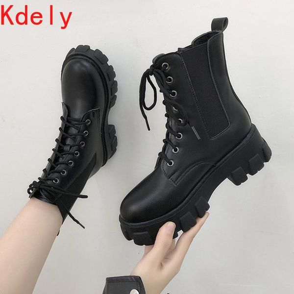 

2020 fashion motorcycle boots wedges flat shoes woman high heel platform pu leather boots lace up women shoes black boots girls