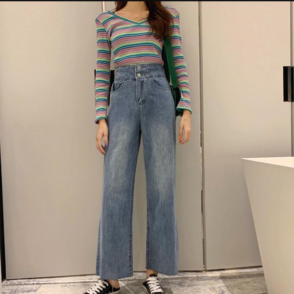 

vintage boyfriend jeans with high waist straight for women loose wide leg woman buttons curvy long denim trousers kg-134, Blue