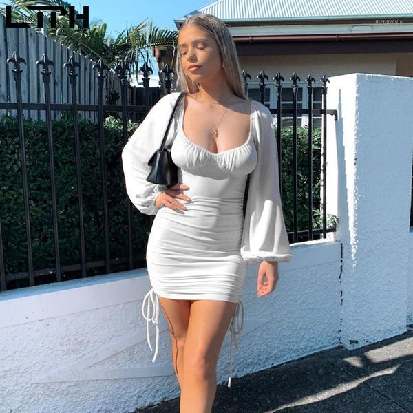 

ltph 2020 autumn new arrival vintage long sleeve women dress ins square collar folds simple solid color bag hip dresses1, Black;gray