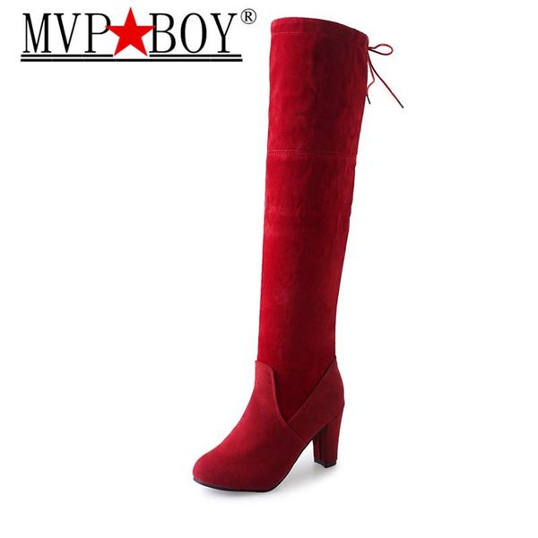 

mvp boy women boots over knee high heels faux suede chunky thigh high boots stretch over the knee woman shoes 35-43, Black