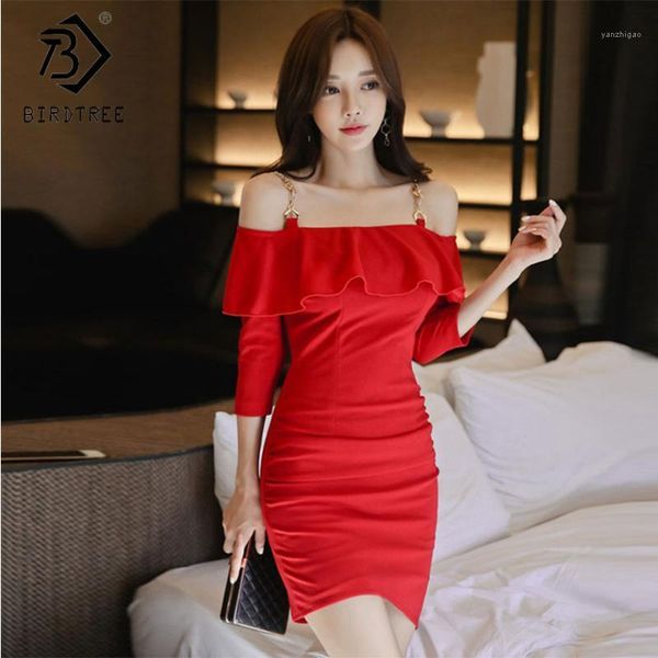 

new women solid metal chain ruffles dresses off shoulder 3/4 sleeve elegance high waist office lady short slim dress d91339i1, Black;gray