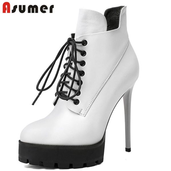 

asumer 2020 quality genuine leather footwear women ankle boots lace up round toe zip super high heel platform boots woman, Black