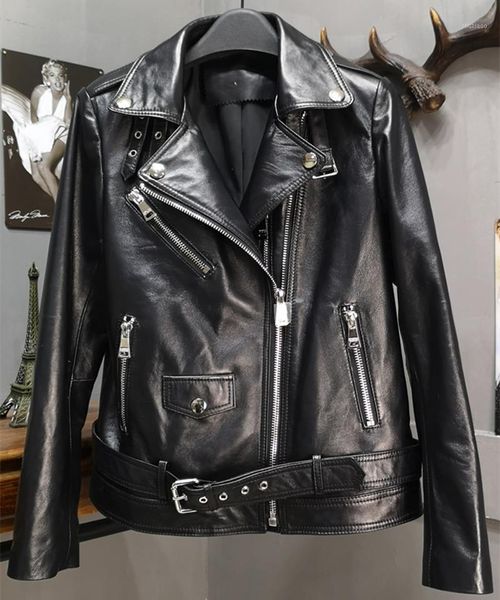 

genuine leather jacket women real sheepskin ladies coat 2021 new fashion autumn winter motorcycle biker outerwear clothes1, Black