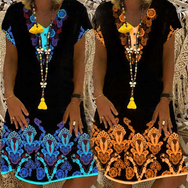 

fashion new women's printed 2020 summer dress national style short sleeve skirt fc908, Black;gray