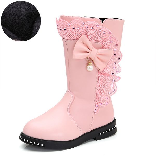 

bowknot 2020 children winter girls lace snow female princess boots warm plush windproof waterproof kids high heel shoes, Black