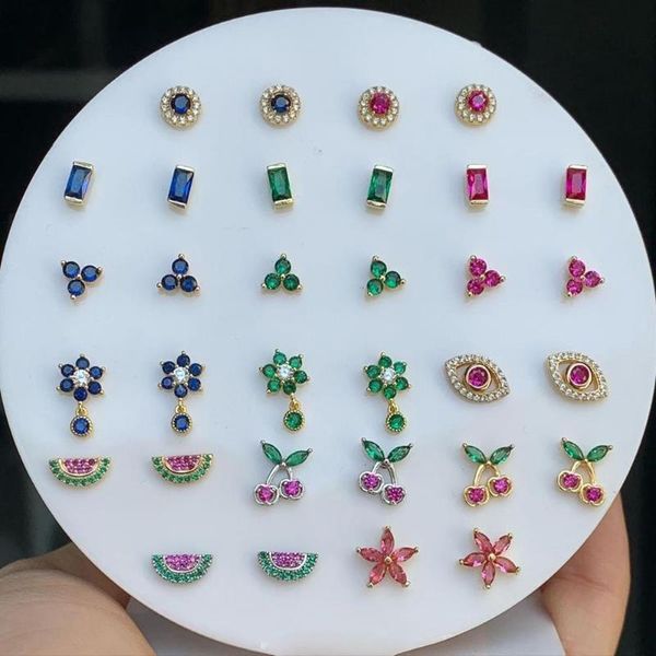 

stud minimal delicate dainty 100% 925 sterling silver girl's pink green white red colorful cz mini small earring, Golden;silver