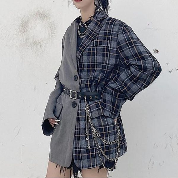 

2021 new fashion winter women patchwork plaid blazer korean streetwear biker jacket casual full female outerwear suit coat 54kc, White;black