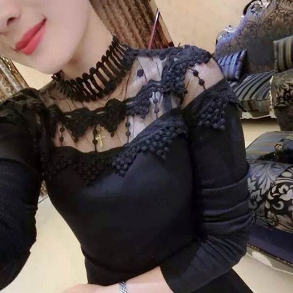 

2020 autumn new style slim hollow shoulder perspective lace lace splicing short long sleeve knitted women's bottoming shirt 0ehqg 0ehqg, White