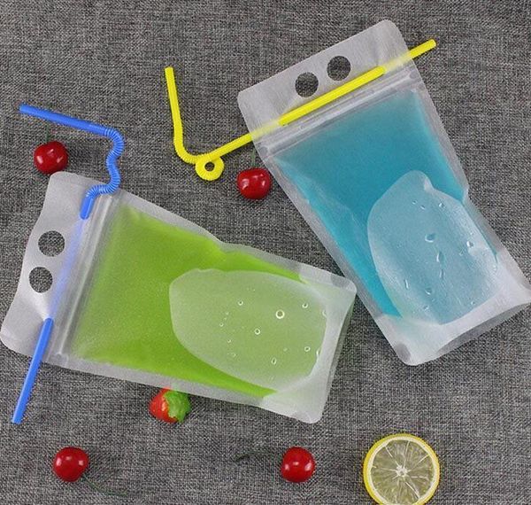 

17oz 500ml clear drink pouches bags frosted zipper stand-up plastic drinking bag with straw with holder recl jlltwn trustbde