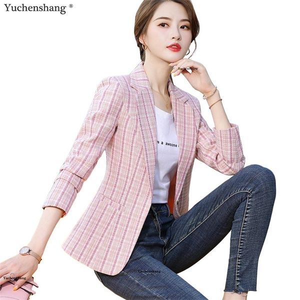 

woman pink apricot plaid blazer autumn winter outwear casual jackets female slim single button coat for girl s- lj201212, White;black