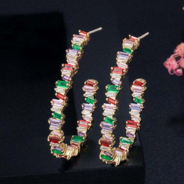 

luala 2020 new luxury baguette rainbow cz crystal yellow gold color half circle round big hoop earrings for women jewelry cz591, Golden;silver