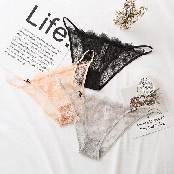 

lady lace underwear style eyelash lace adjustable ribbon panties transparent hollow out coquettish cotton briefs thong1, Black;pink