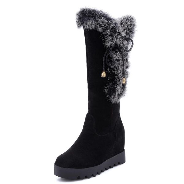 

boots wedge heel women's sleeve high-heeled snow winter flock internally increased artificial shoes, Black