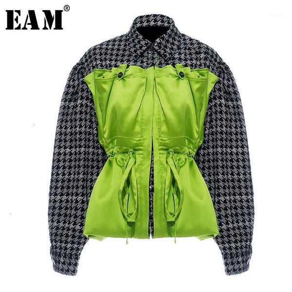 

eam] loose fit plaid drawstring split big size jacket new lapel long sleeve women coat fashion tide spring autumn 2020 1h2031, Black;brown